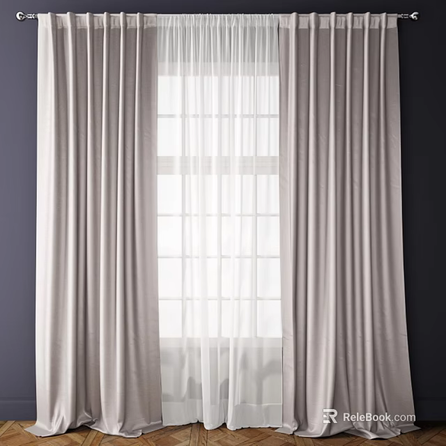 Light Gray Curtains With White Sheer Panels For Modern Window Decoration 3d model 