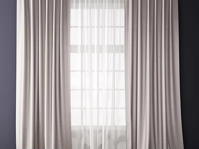 Light Gray Curtains With White Sheer Panels For Modern Window Decoration 3d model
