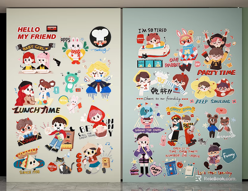 Cute Cartoon Character Wall Decor With Various Stickers And Text Elements 3d model 