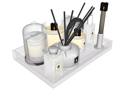 Perfume and Cosmetics Display Set with Transparent Tray Reed Diffusers and Various Bottles 3d model