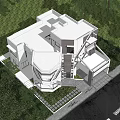 Modern Detached Villa With Geometric Exterior Design Surrounded By Trees Green Lawn And Large Windows