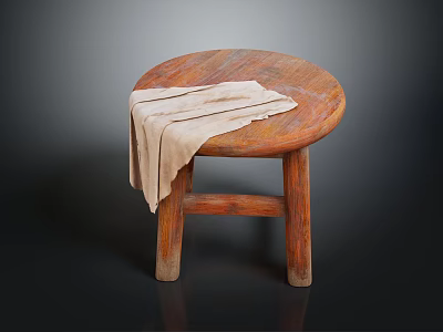 Round Wooden Stool with a Beige Cloth Draped Over the Seat and Solid Legs 3d model