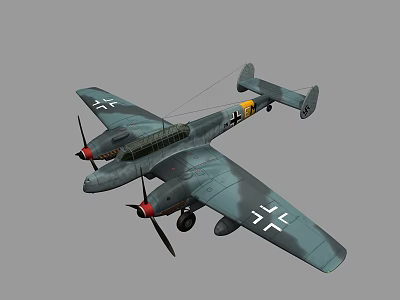 WWII German Twin Engine Fighter Aircraft With Gray Camouflage Iron Cross On Wings And Propellers 3d model