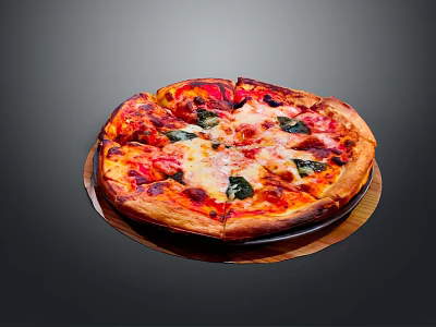 Freshly Baked Golden Crust Pizza With Tomato Sauce Mozzarella And Basil On Wooden Tray 3d model