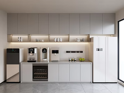 Modern Kitchen Interior With Gray Cabinets Appliances Countertop And Lighting Strips 3d model