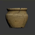 Ancient Handcrafted Clay Pot With Sculpture Carving Striped Decoration And Cracked Surface