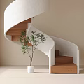 Modern Spiral Staircase With White Structure Wooden Steps And Green Plant In White Pot
