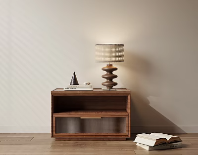 Wooden Bedside Table with Lattice Door Spiral Base Lamp Woven Shade Books and Decorative Cone 3d model