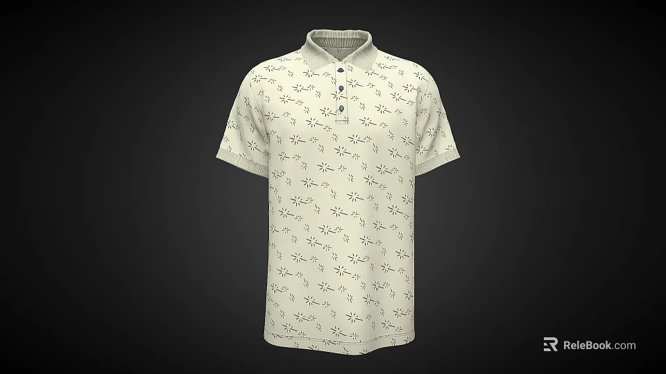 Men's Light Colored Short Sleeved Collared Polo Shirt With Small Abstract Patterns And Buttoned Front 3d model 