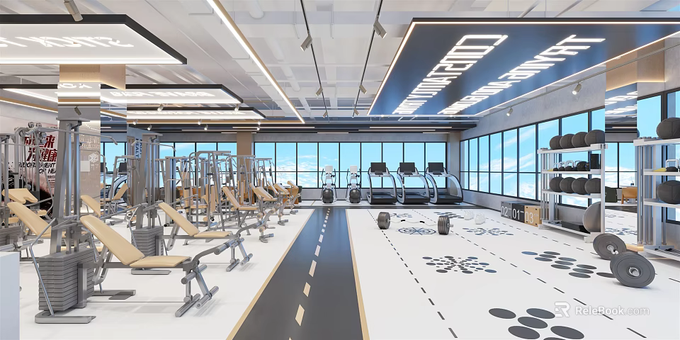 Modern Fitness Gym With Treadmills Weight Benches Large Windows And Bright Workout Area 3d model 