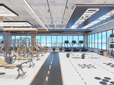 Modern Fitness Gym With Treadmills Weight Benches Large Windows And Bright Workout Area 3d model