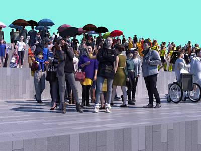 Crowd of People With Umbrellas Taking Photos On Steps In Outdoor Area 3d model