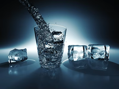 Transparent Glass With Ice Cubes And Cold Water Pouring Into It 3d model
