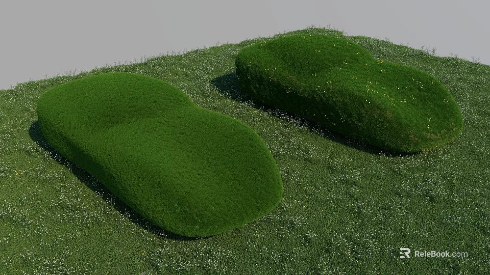 Green Grass Mounds With Yellow And White Flowers In Lush Grassland 3d model 