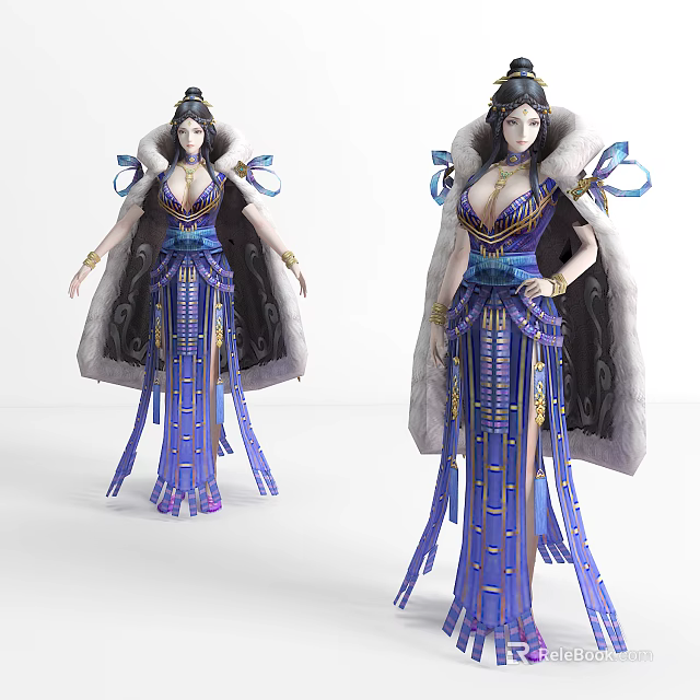 Elegant Game Film Character In Purple Blue Outfit With Long Skirt Fur Trim And Tassels 3d model
