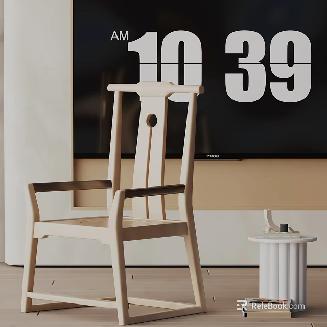 Wooden Accent Chair With Armrests In Modern Interior Near Large Screen And Side Table 3d model 