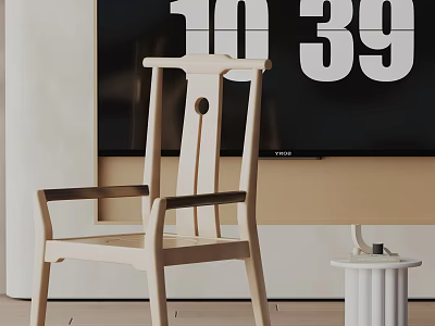 Wooden Accent Chair With Armrests In Modern Interior Near Large Screen And Side Table 3d model