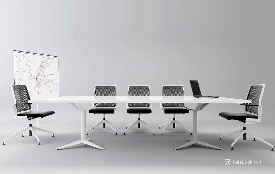 Modern Conference Table with White Surface Black Chairs Laptop and Whiteboard Charts 3d model 