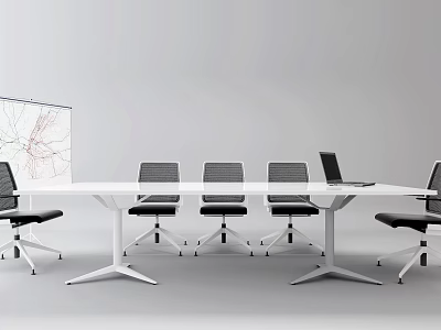 Modern Conference Table with White Surface Black Chairs Laptop and Whiteboard Charts 3d model