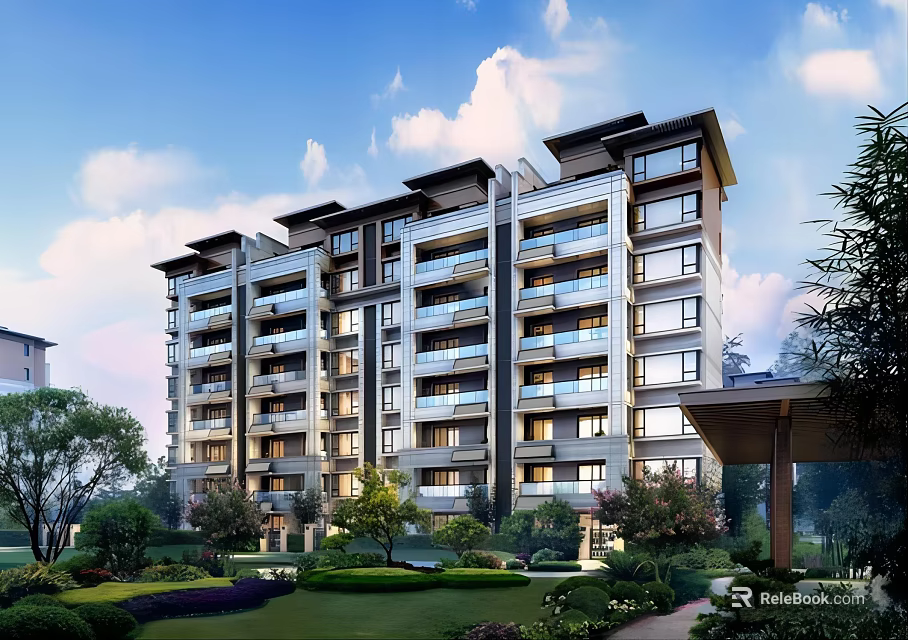 Modern Style Multi Story Apartment Building With Lush Green Garden And Pathways 3d model 