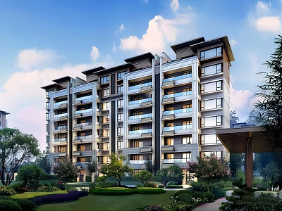 Modern Style Multi Story Apartment Building With Lush Green Garden And Pathways 3d model
