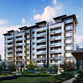 Modern Style Multi Story Apartment Building With Lush Green Garden And Pathways