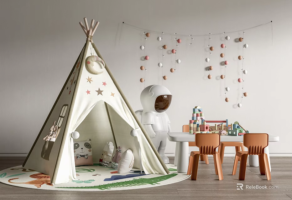 Children's Play Table with Tepee Astronaut Doll Building Blocks and Wooden Chairs 3d model 