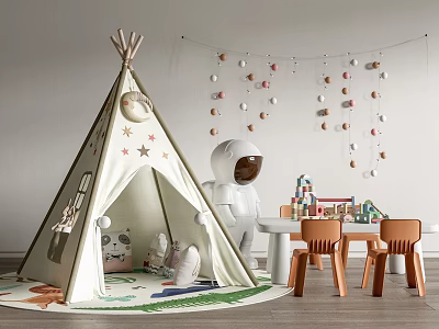 Children's Play Table with Tepee Astronaut Doll Building Blocks and Wooden Chairs 3d model