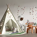 Children's Play Table with Tepee Astronaut Doll Building Blocks and Wooden Chairs