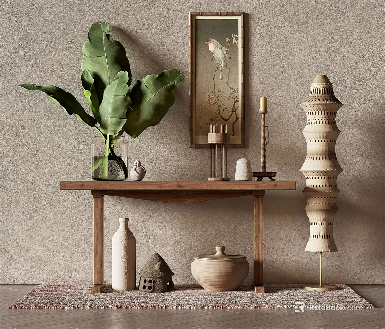 Decorative Ornaments Set With Wooden Console Table Green Plant Vase Ceramic Jar And Wall Art 3d model 