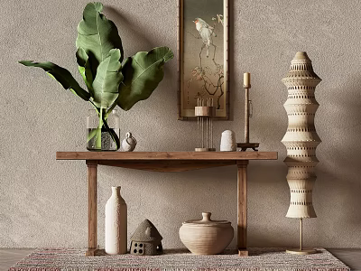 Decorative Ornaments Set With Wooden Console Table Green Plant Vase Ceramic Jar And Wall Art 3d model