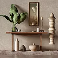 Decorative Ornaments Set With Wooden Console Table Green Plant Vase Ceramic Jar And Wall Art