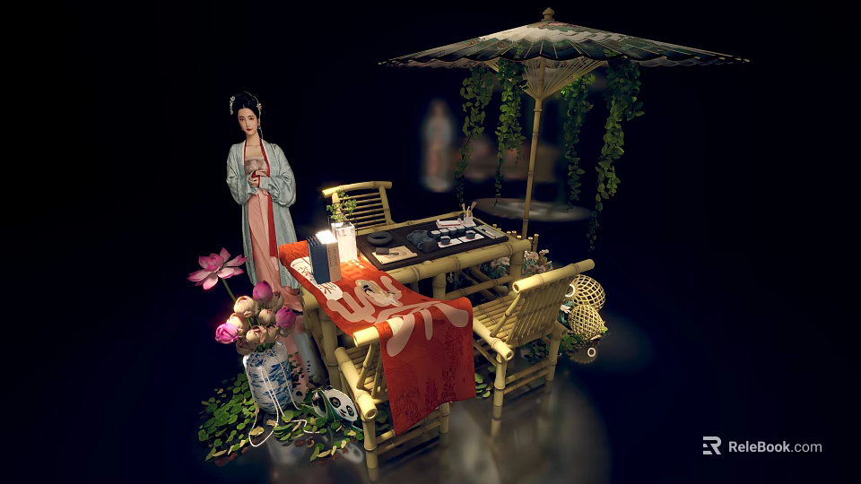 Ancient Chinese Scene With Bamboo Furniture Tea Set Vine Umbrella And Floral Decor 3d model 