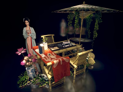 Ancient Chinese Scene With Bamboo Furniture Tea Set Vine Umbrella And Floral Decor 3d model