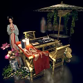 Ancient Chinese Scene With Bamboo Furniture Tea Set Vine Umbrella And Floral Decor
