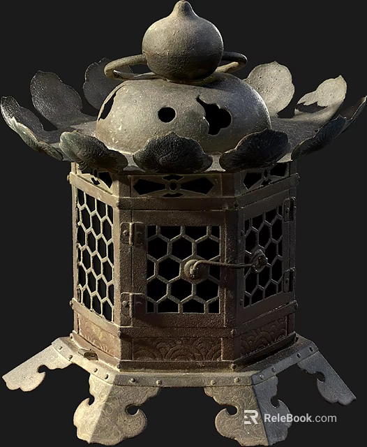 Traditional Metal Lantern With Lotus Shaped Top And Hexagonal Honeycomb Lattice Design 3d model 