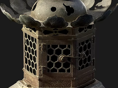 Traditional Metal Lantern With Lotus Shaped Top And Hexagonal Honeycomb Lattice Design 3d model
