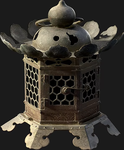 Traditional Metal Lantern With Lotus Shaped Top And Hexagonal Honeycomb Lattice Design 3d model