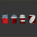 Colorful Beverages With Pink Red Liquid In Cups With Straws And Canned Drink