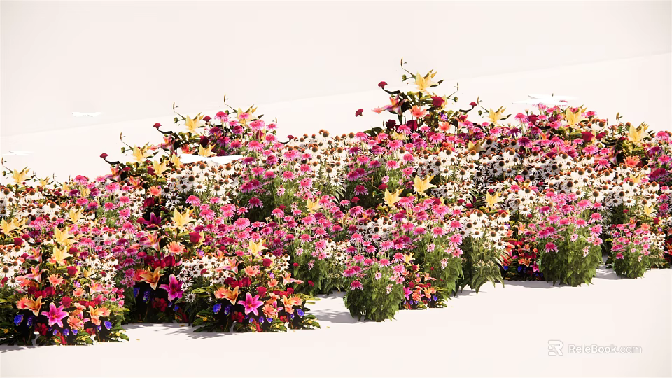 Colorful Flowering Shrubs With Pink White Yellow Blooms In Garden Landscape 3d model 