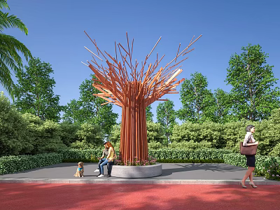 Red Tree Shaped Metal Garden Sculpture Surrounded By Green Plants And People Gathering 3d model