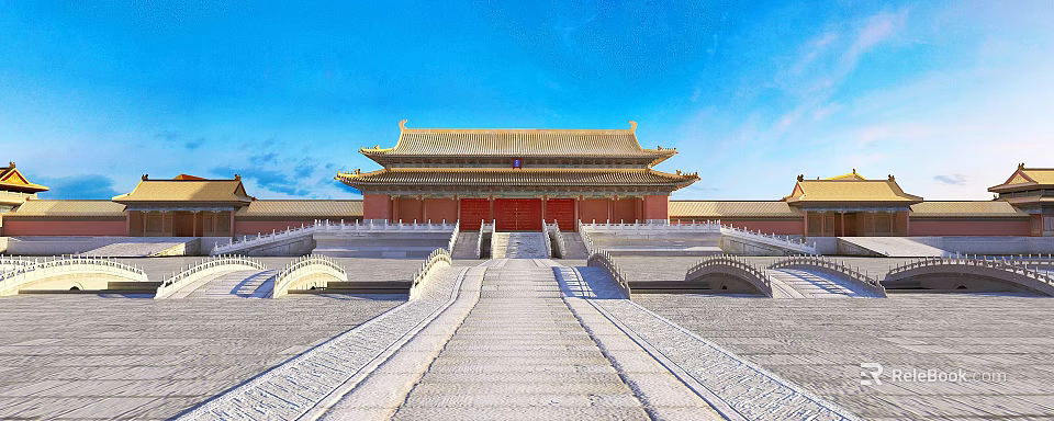 Ancient Architecture With Golden Roof Red Gate And Stone Steps Under Blue Sky 3d model 