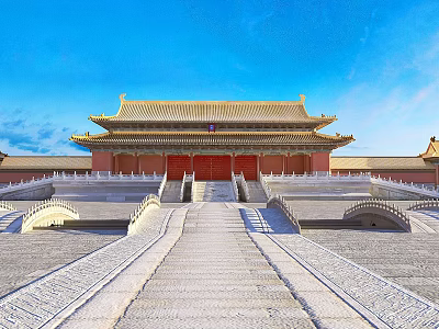 Ancient Architecture With Golden Roof Red Gate And Stone Steps Under Blue Sky 3d model