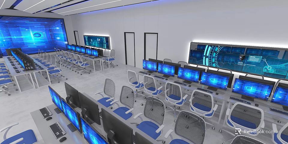 Modern School Computer Classroom Equipped With Multiple Computers Chairs And Wall Mounted Large Screens 3d model 