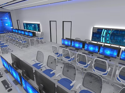 Modern School Computer Classroom Equipped With Multiple Computers Chairs And Wall Mounted Large Screens 3d model