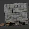 Stacked Gray Bricks Equipment Secured With Green Straps On Wooden Pallets And Broken Cardboard