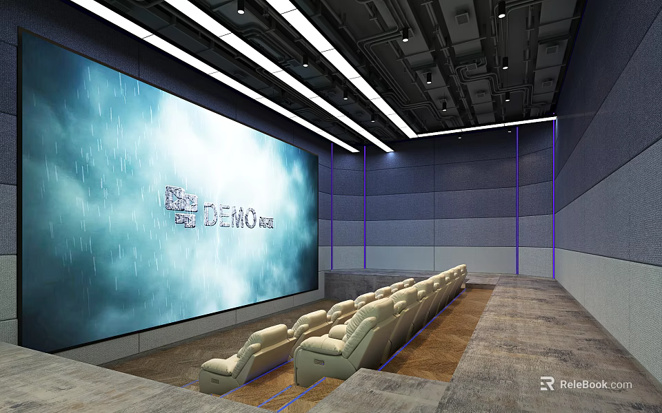 Modern Cinema Interior With Large Screen Raindrop Effect Comfortable Seats And Ambient Lighting 3d model 