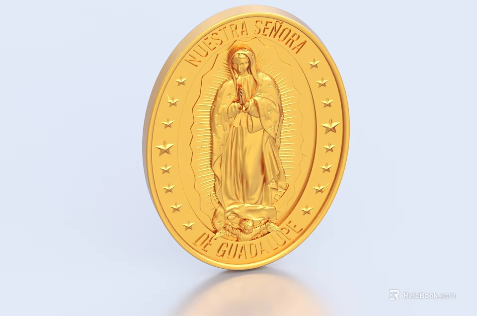 Gold Round Religious Jewelry Featuring Our Lady of Guadalupe Design with Stars and Inscription 3d model 