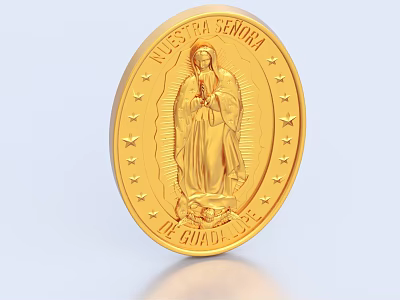 Gold Round Religious Jewelry Featuring Our Lady of Guadalupe Design with Stars and Inscription 3d model