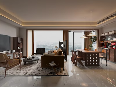 Modern Living And Dining Room Interior With Sofa Dining Table City View And Pendant Lights 3d model